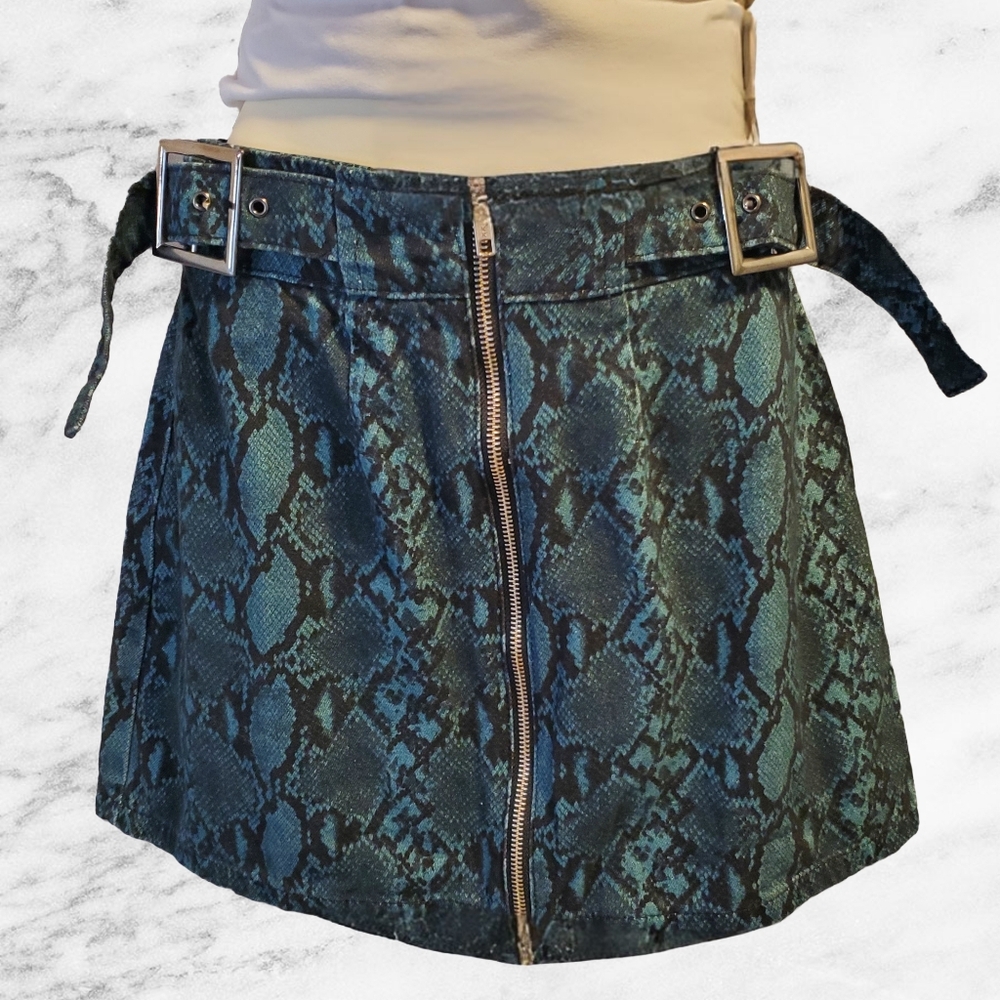 Topshop Petite Snake Print Mini Skirt Green Blue Zip Front Belted Size US 8
